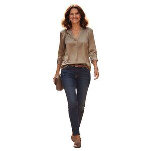 Alfani NWT* Satiny Collarless Classic Blouse In Dried Kelp Color Size L